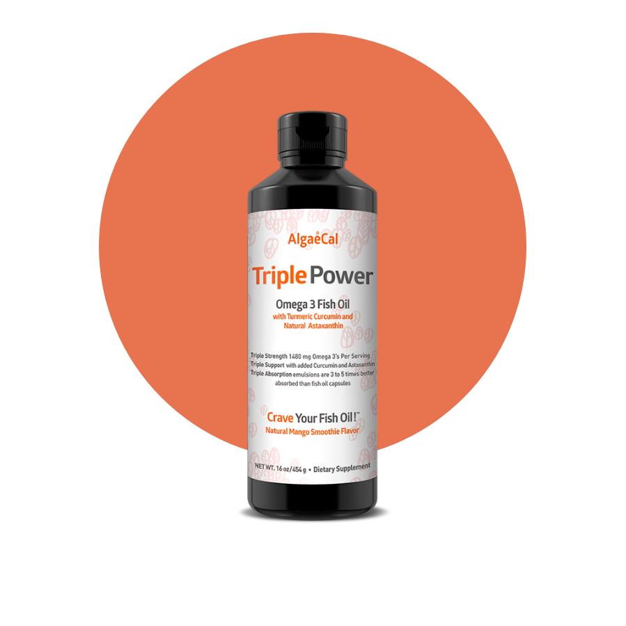 Triple power fish oil bottle in front of orange circle