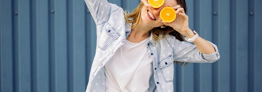 Happy woman with fresh food