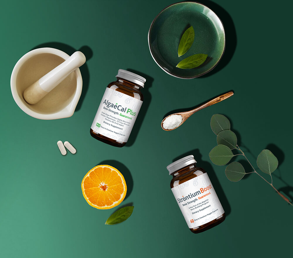 AlgaeCal Plus and Strontium Boost on green background