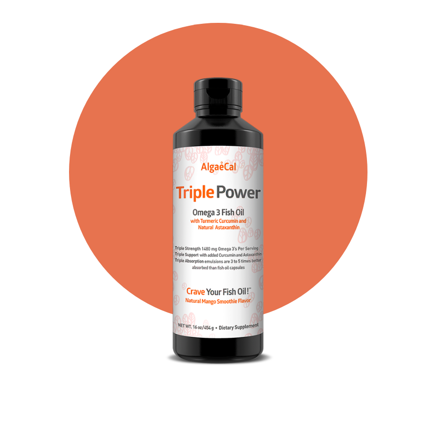 Triple power fish oil bottle in front of orange circle